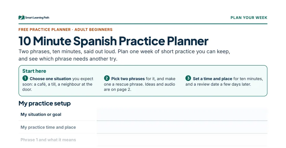 Top part of page 1 of the Practice Planner; the full two-page planner comes by email