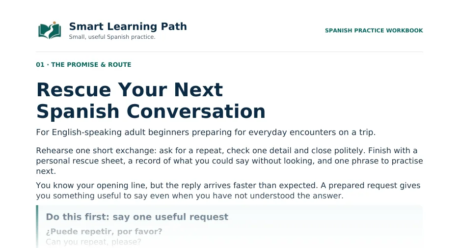 Top part of page 1 of the Spanish Conversation Rescue Workbook: Rescue Your Next Spanish Conversation